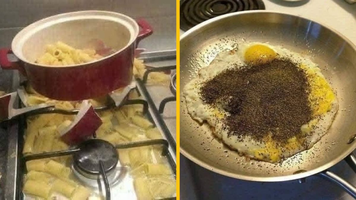 Rozbité hrnce s cestovinami a presolená omeleta. Kuchynská katastrofa na sporáku.