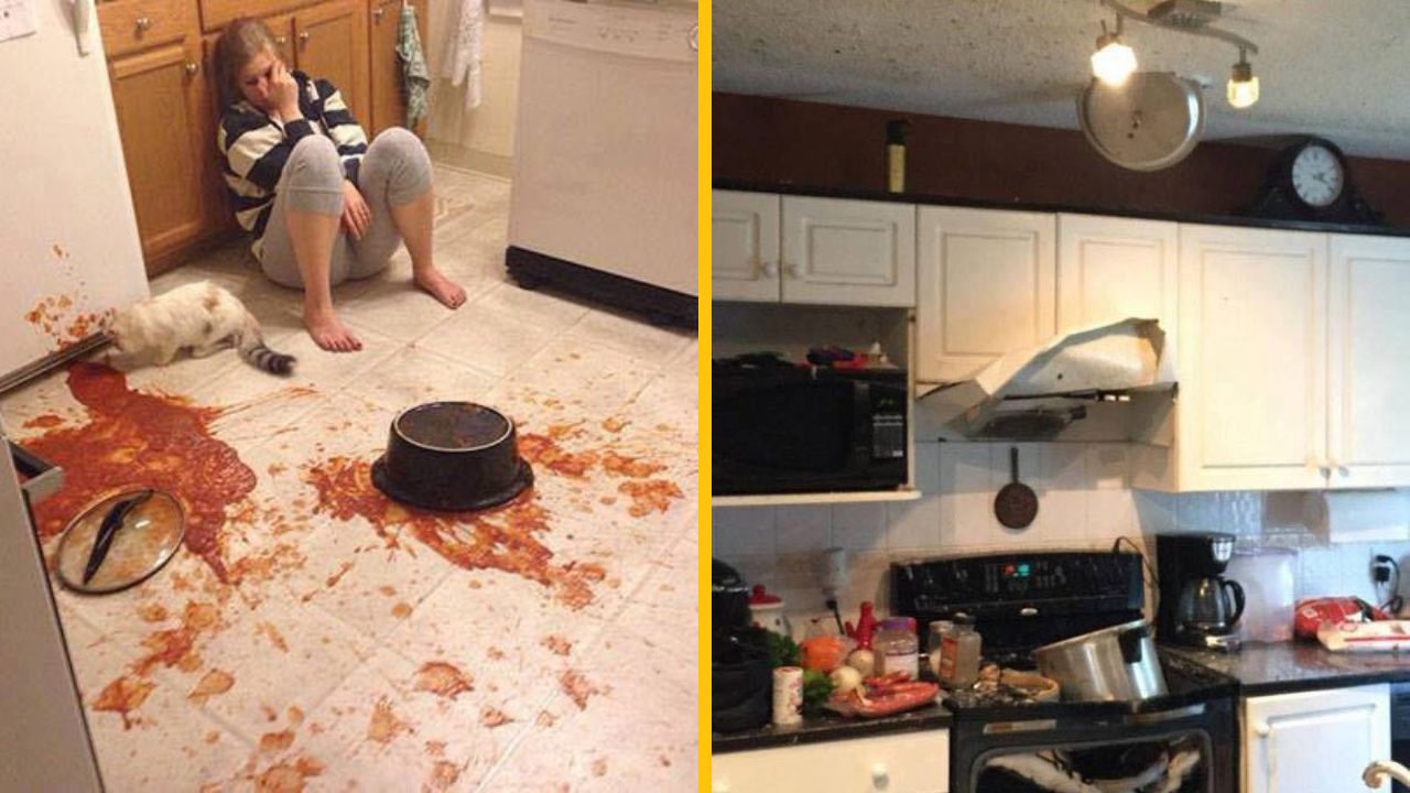 Rozliata omáčka na kuchynskej podlahe, žena sedí vedľa, prevrhnutý hrniec, v neporiadku kocúr.