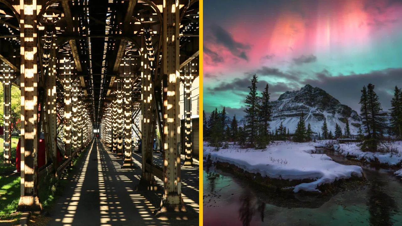 Obrázok mosta s tieňmi a polárnej žiary nad zasneženou krajinou so stromami a horami.