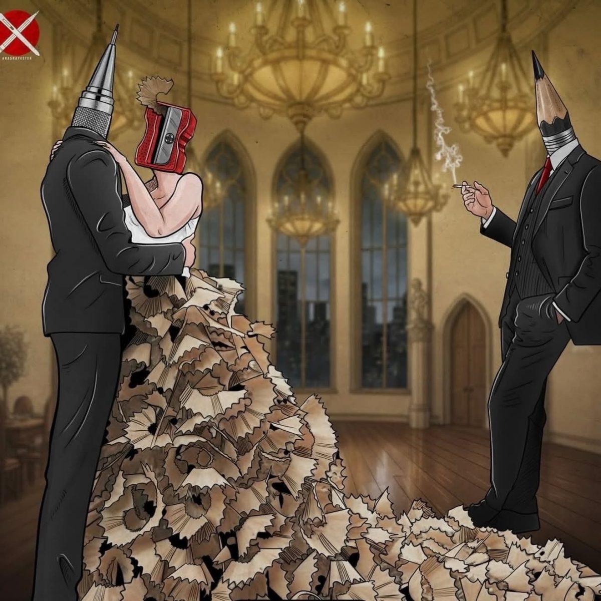 Dvojica s tvárami ceruzky a strúhadla tancuje, oblečená do šiat z orezaných ceruziek, v elegantnej sále.