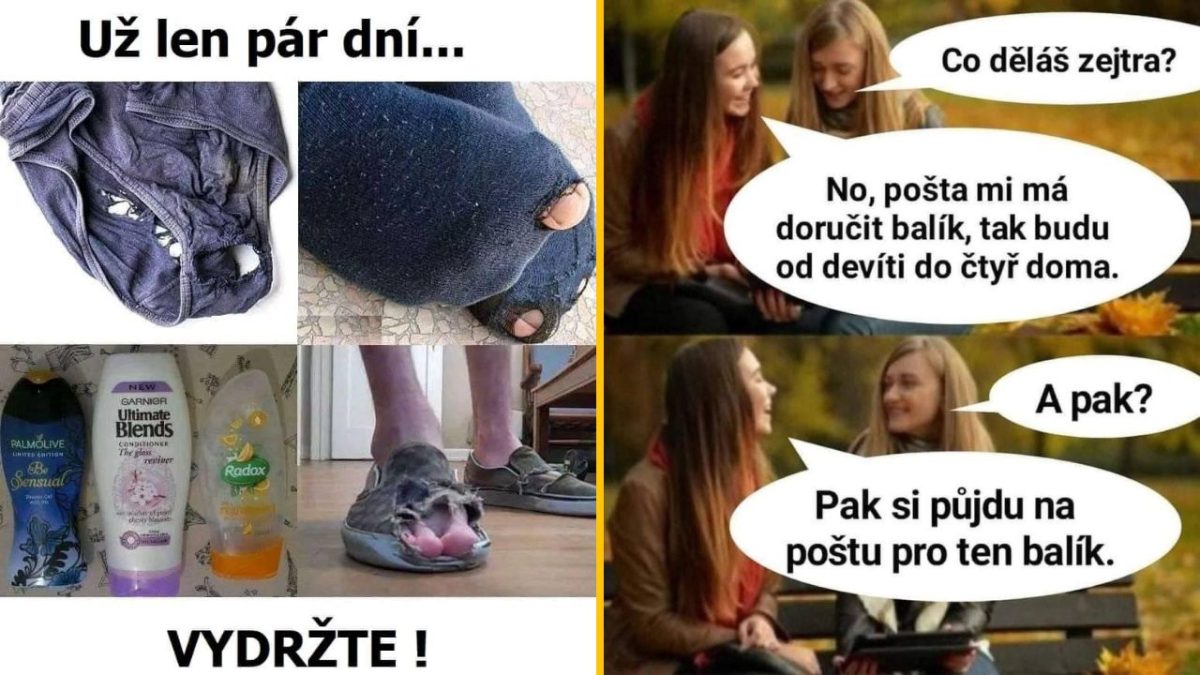Koláž zobrazujúca opotrebované oblečenie a humor o čakaní na poštový balík. Text: Už len pár dní... Vydržte!