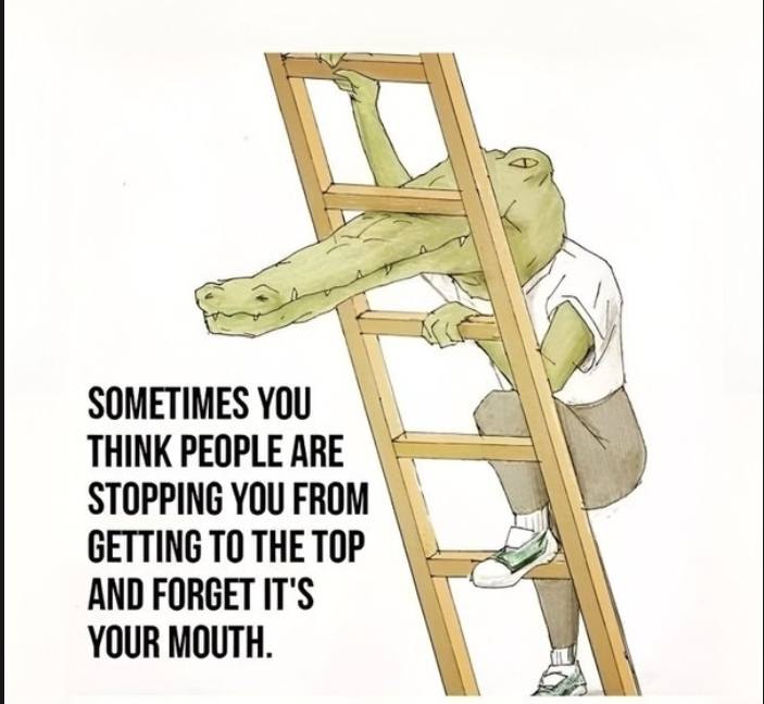 Krokodíl s ľudským telom stúpa po rebríku, vedľa je text o prekážkach na ceste k úspechu.