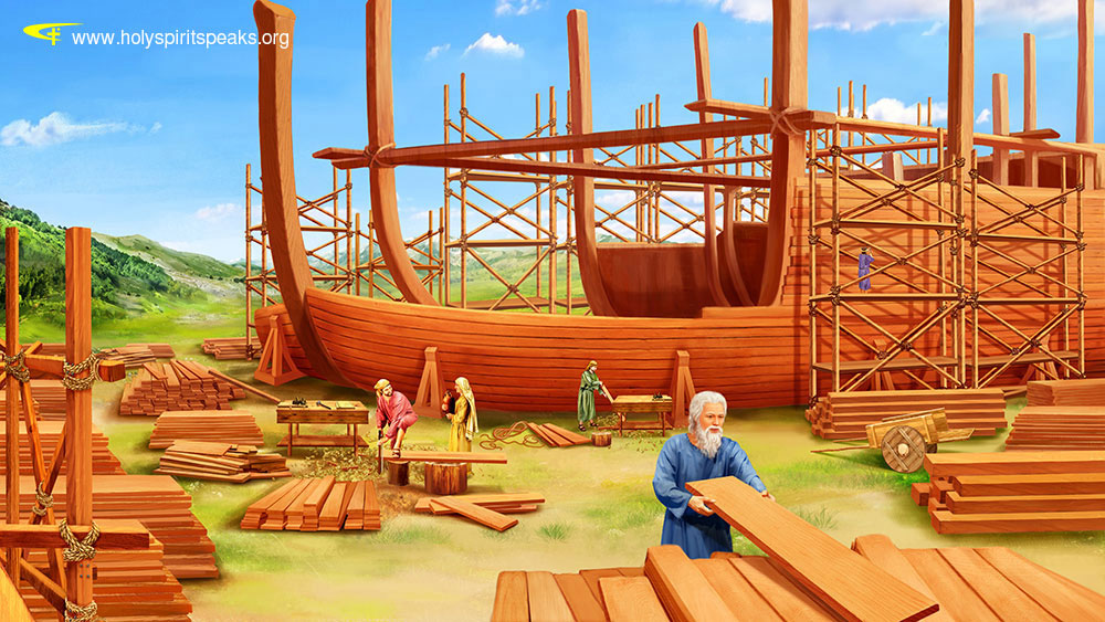 Stavba veľkej drevenej lode, robotníci pracujú na dokonalom zladení drevených trámov pod modrou oblohou.