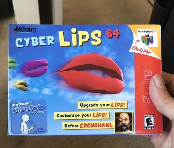 Obal hry Cyber Lips 64 pre Nintendo 64 s obrázkom lietajúcich pier a textom o vylepšení a prispôsobení pier.