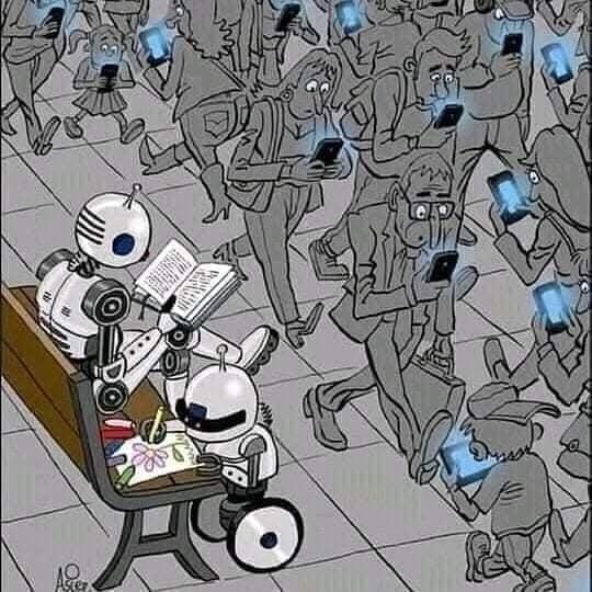 Roboti čítajú a kreslia na lavičke, zatiaľ čo ľudia sú zahltení smartfónmi. Satira na technologickú závislosť.
