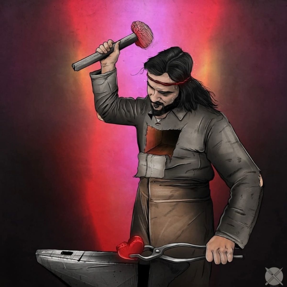 Kreatívna ilustrácia muža s kladivom v tvare mozgu ková srdce na kovadline, symbolika mysle a emócií.