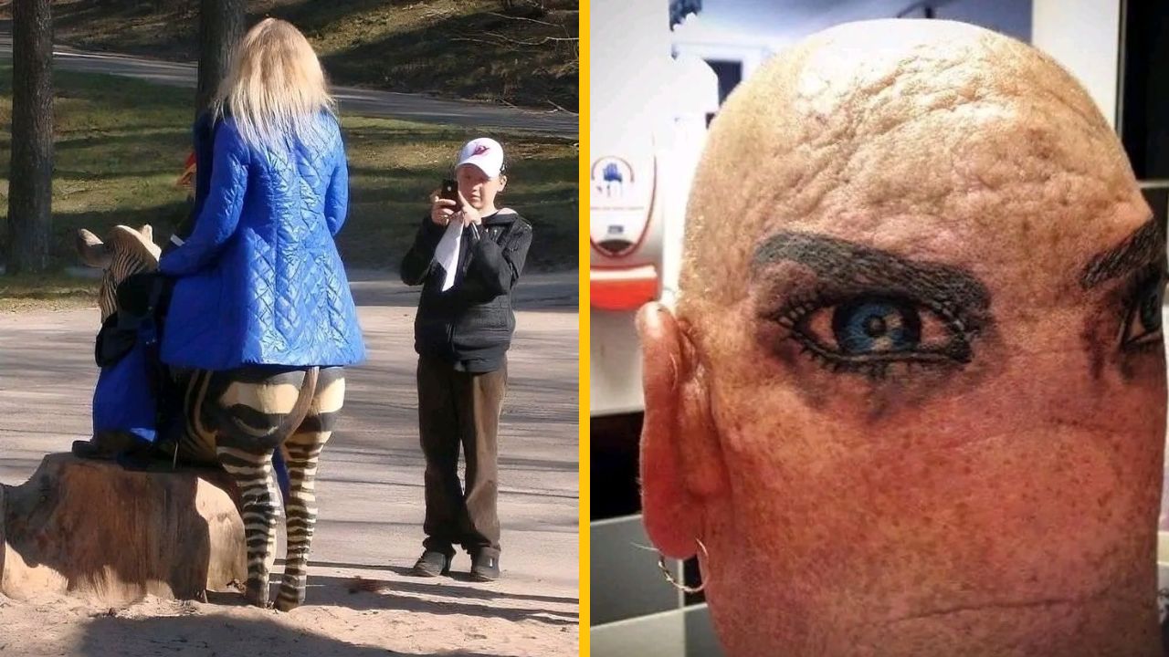 Ľudia pózujú pri sochárstve zebry v parku; detail tváre s unikátnym tetovaním oka.