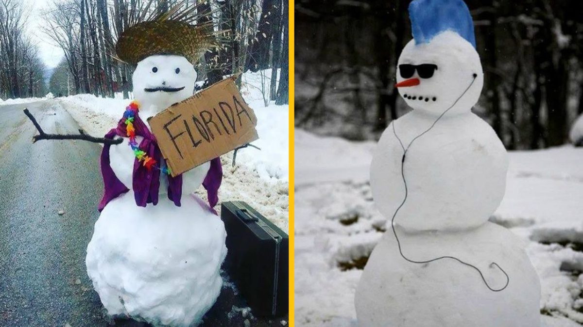 Snehuliaci pripravení na dovolenku, jeden s havajským štýlom a druhý s čírom a slúchadlami, stojaci v zimnej krajine.