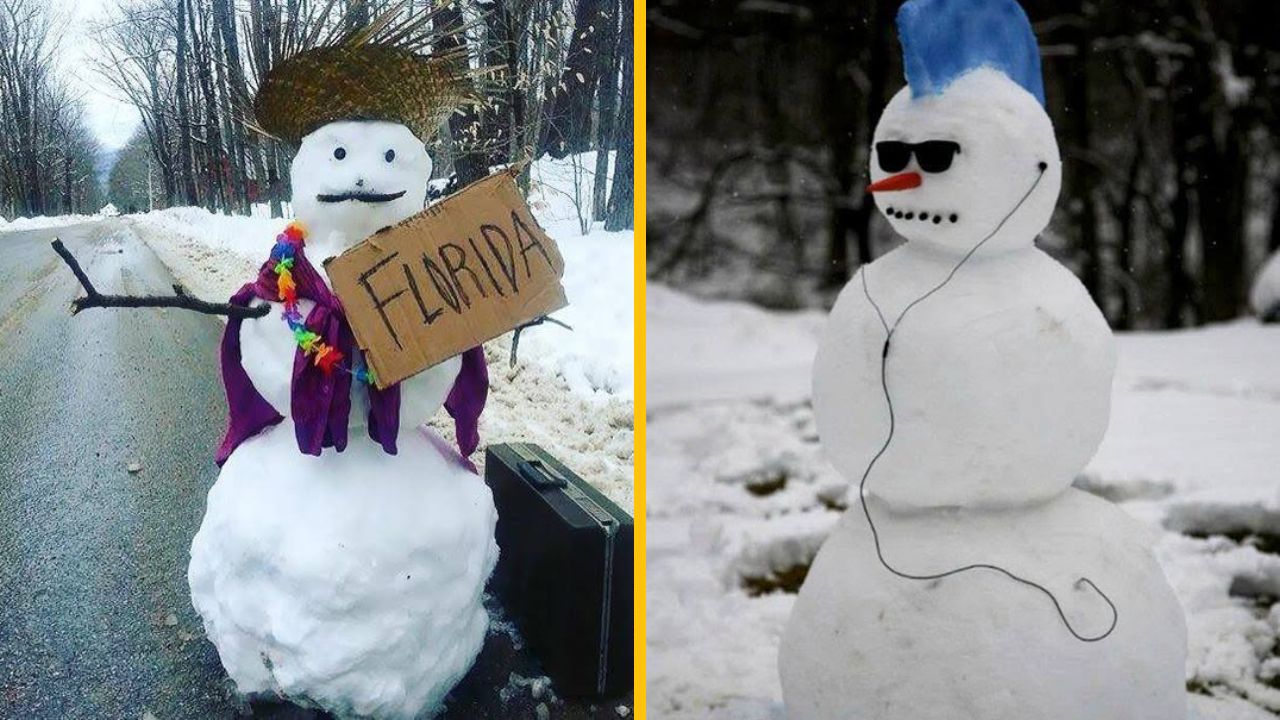 Snehuliaci pripravení na dovolenku, jeden s havajským štýlom a druhý s čírom a slúchadlami, stojaci v zimnej krajine.