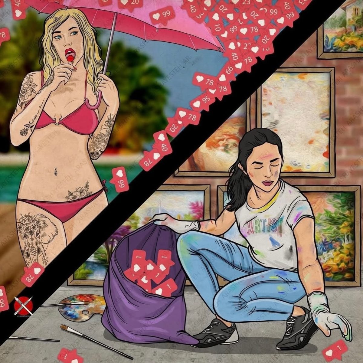 Dva rôzne svety: žena v bikinách s deštníkom a umelkyňa zbierajúca lajky do vreca, poukazujúc na kontrast.