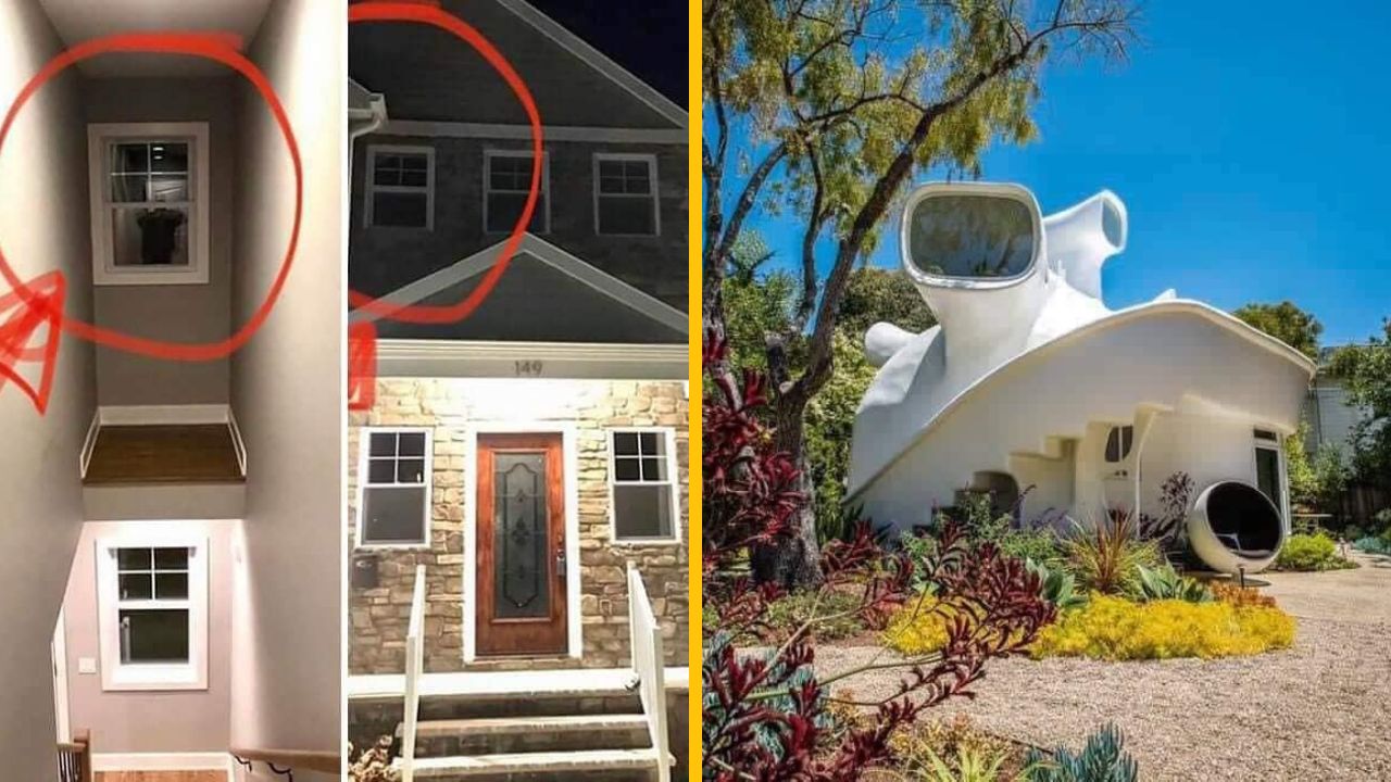 Neobvyklé architektonické detaily: úzky schodiskový výklenok a moderný dom v tvare ulity obklopený zeleňou.