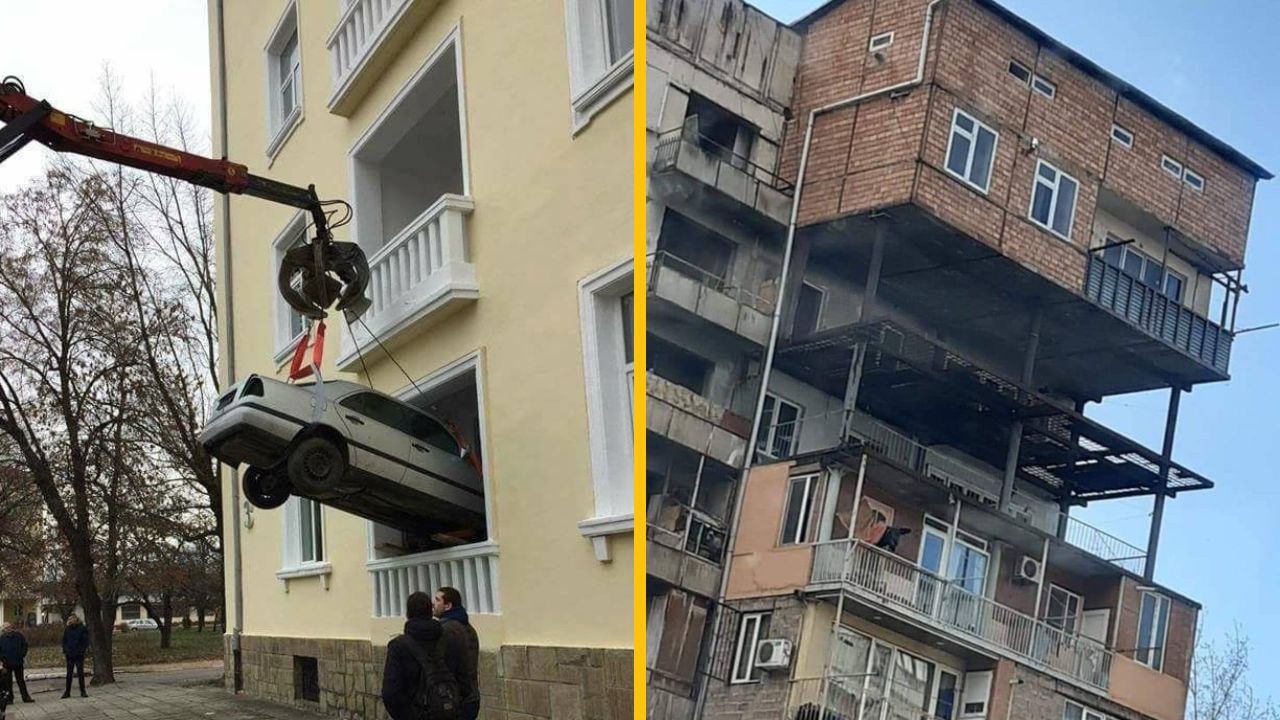 Auto vstupujúce do budovy cez okno a bytová jednotka s pridaným poschodím na stĺpoch.