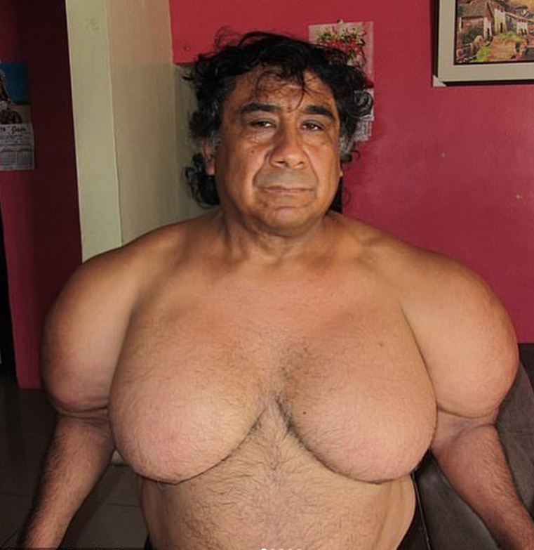 Ložnica s mužom bez trička so zväčšenými svalmi, ružové steny a obrazy na pozadí.