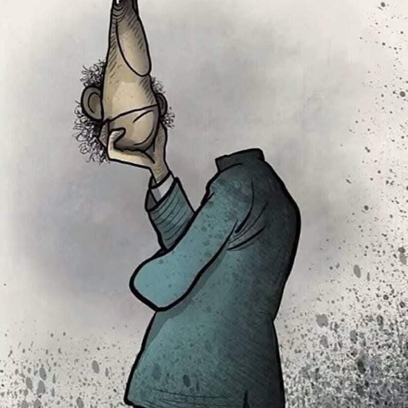 Osoba bez hlavy drží masku vo svojich rukách, symbolizujúca stratu identity alebo zamyslenie sa.