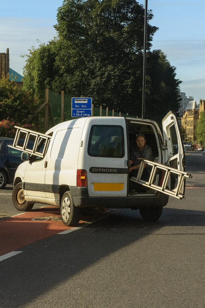 Dodávka Citroën s otvorenými dverami a rebríkom, zaparkovaná na ceste vedľa dopravnej značky.