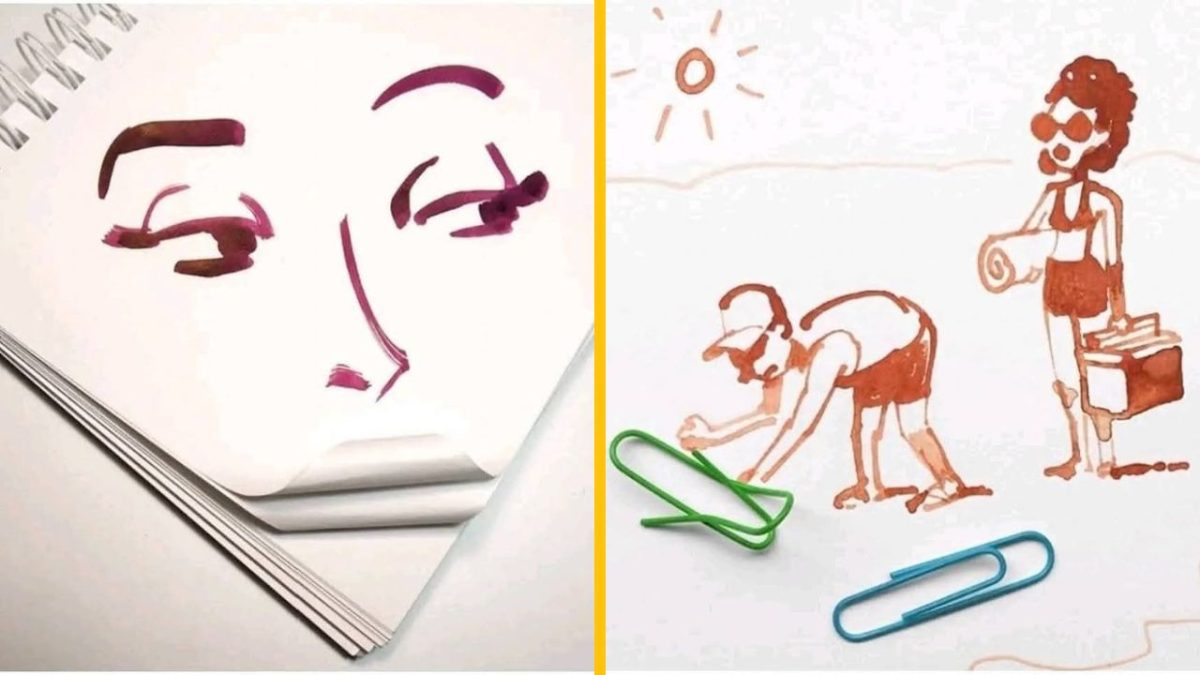 Kreatívne kresby na papieri: ľudské oči a letná scénka s kancelárskymi spinkami na bielej ploche.