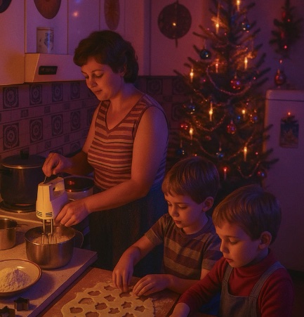 Matka a deti pripravujú vianočné pečivo v kuchyni osvetlenej svetlom vianočného stromčeka.