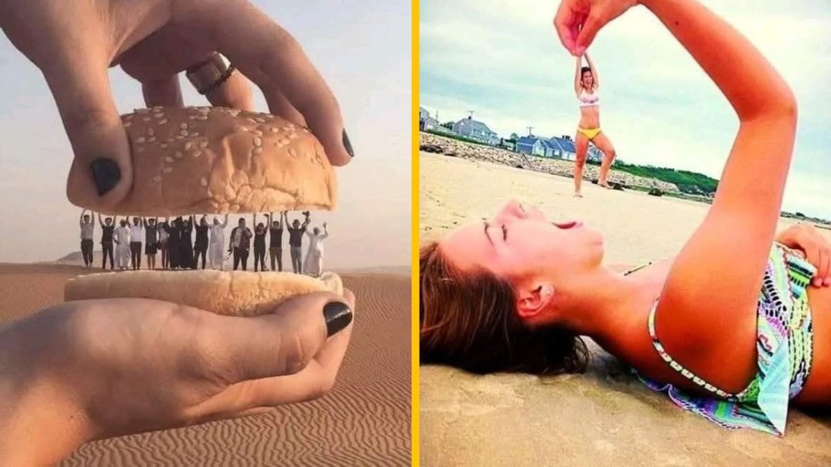 Optická ilúzia na pláži: ľudia ako burger náplň a žena drží druhú osobu medzi prstami.