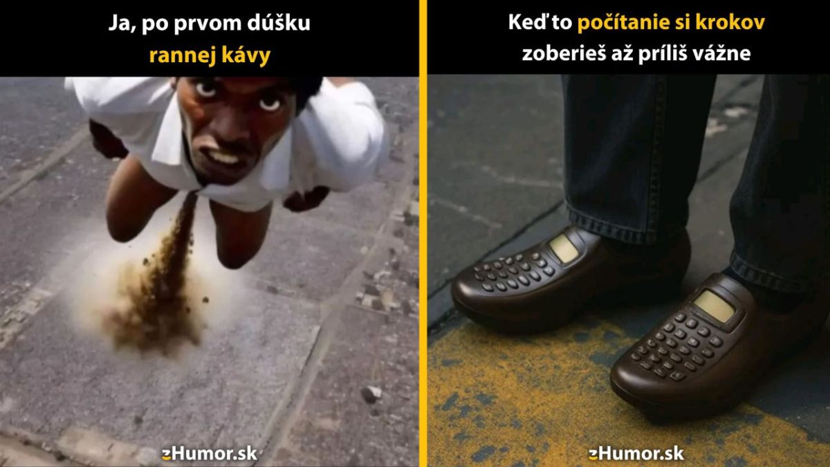Meme o rannej káve a topánkach so zabudovaným krokomerom, vyjadruje humor v bežných situáciách.