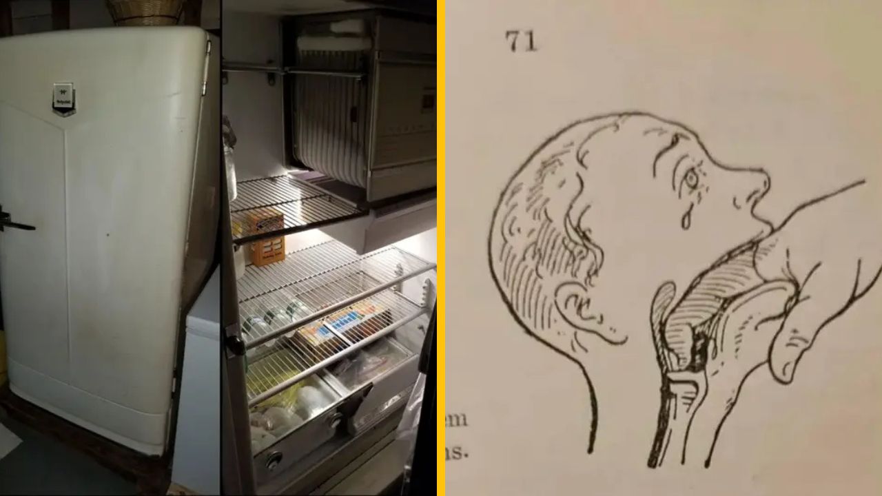 Stará chladnička s otvorenými dverami a vintage nákres človeka s rozšírenými ústami vedľa.