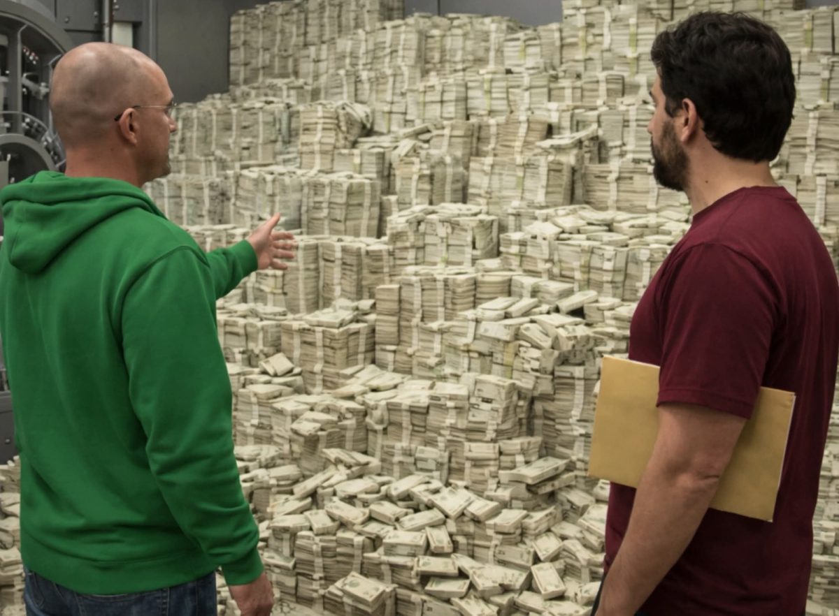 Dvaja ľudia stoja pred obrovskou hromadou peňazí vo vnútri trezoru.