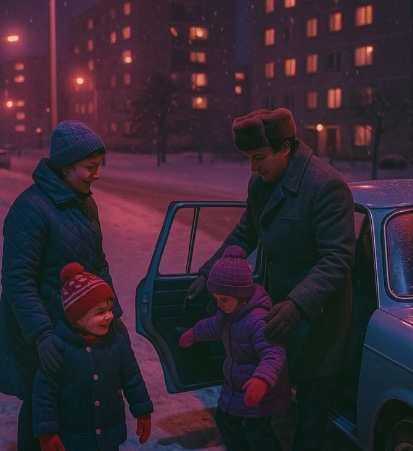 Rodina oblečená vo zimnom oblečení vystupuje z auta na zasneženej ulici osvetlenej večernými lampami.