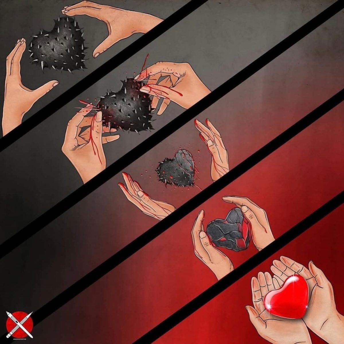 Ruky držia tŕpnúce čierne srdce, ktoré sa uzdravuje a mení na zdravé červené srdce, symbol obnovy a nádeje.