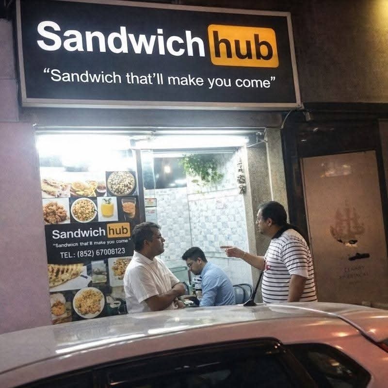 Ulica s reštauráciou Sandwich Hub, dvaja ľudia diskutujú pred svetlom neónovej tabuľe.