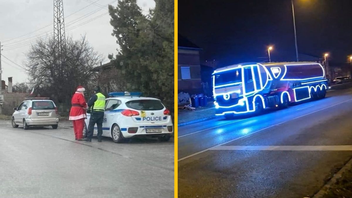 Policajt zastavil človeka v kostýme Santa Clausa, vedľa žiariaca cisterna večer na ulici.