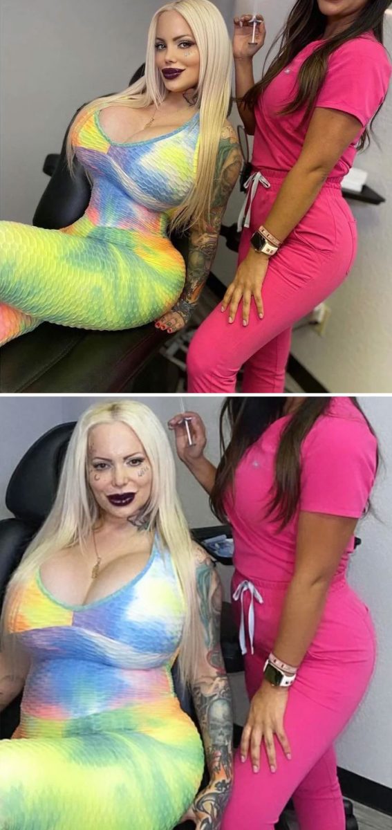 Dve ženy pózujú v pestrofarebných šatách a ružovom oblečení v interiéri.