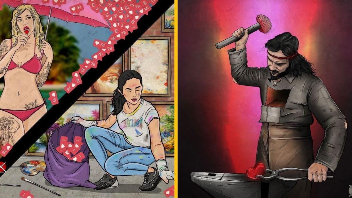 Ilustrácia kontrastuje povrchnú popularitu na sociálnych sieťach s autentickou kreativitou a vnútorným rastom.