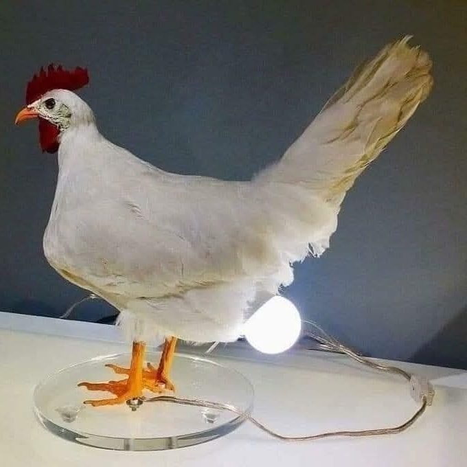 Biela lampa v tvare sliepky so žiarovkou ako vajce, umiestnená na stole.