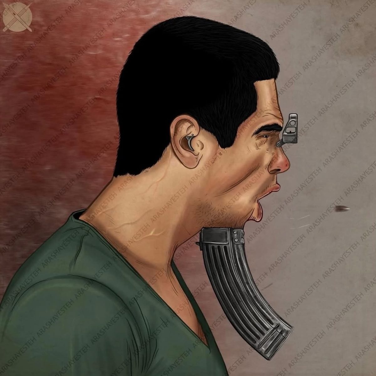 Ilustrácia muža s tvárou transformovanou na zbraň, symbolizujúca silu slova a nebezpečie reči.