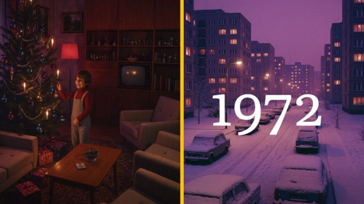 Dieťa pri vianočnom stromčeku, retro obývačka. Mesto v snehu a rok 1972. Nostalgia Vianoc v socializme.