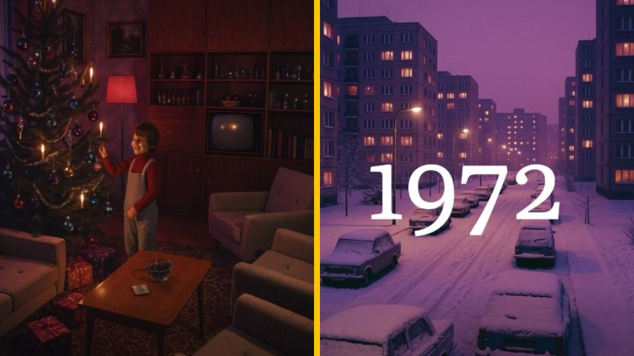 Dieťa pri vianočnom stromčeku, retro obývačka. Mesto v snehu a rok 1972. Nostalgia Vianoc v socializme.