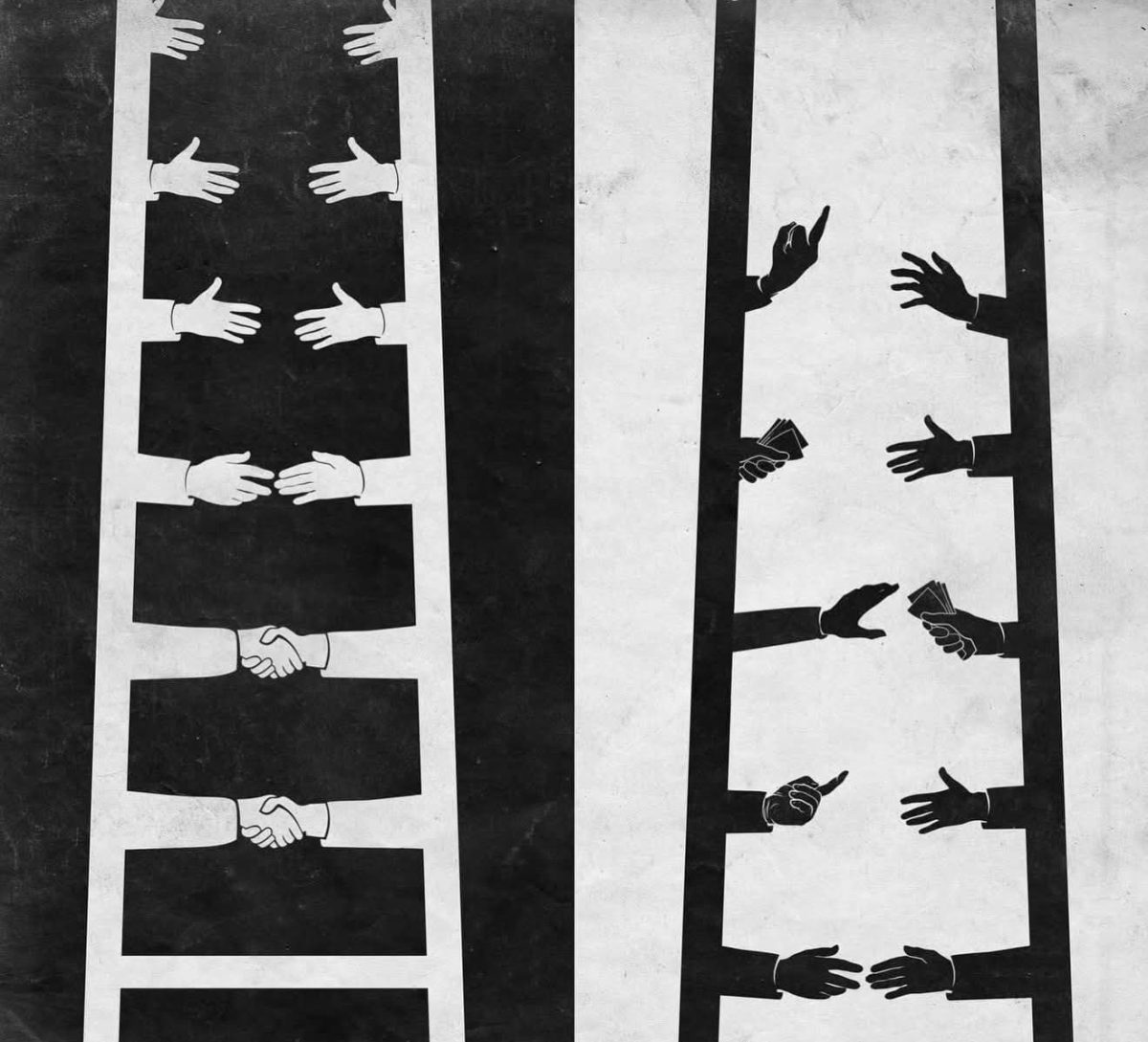 Ilustrácia kontrastných zásad: spolupráca vs. korupcia, ruky v gestách podávania a prijímania úplatkov.