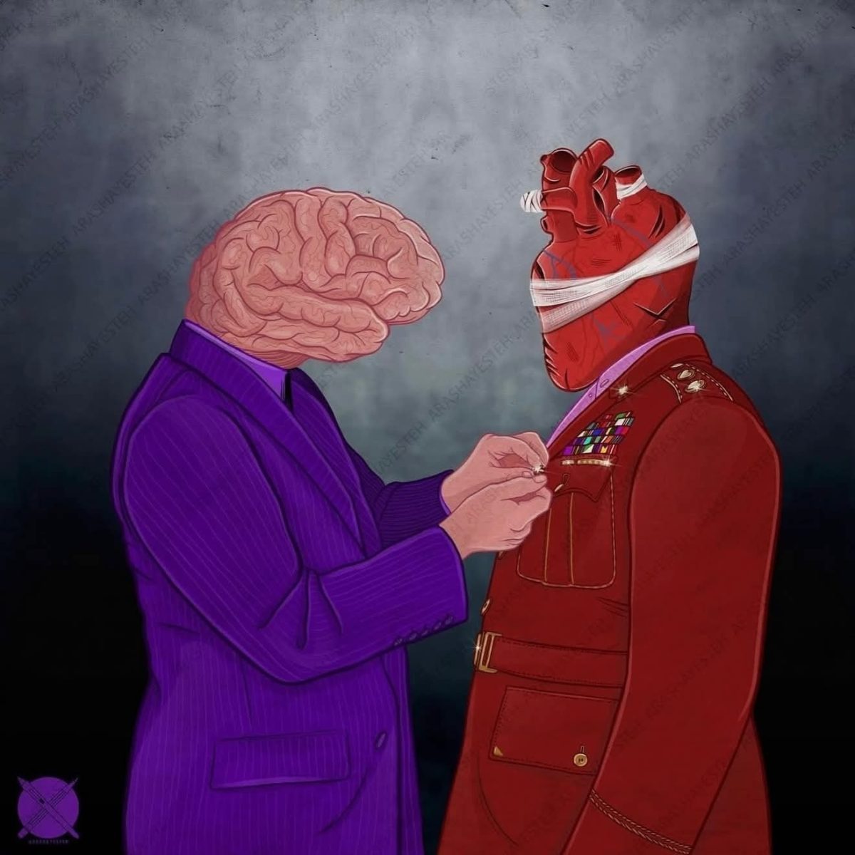 Mozog v obleku udeľuje vyznamenanie srdcu v uniforme, symbolika rozumu a emocie.