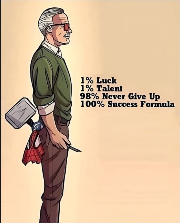 Ilustrácia muža s kladivom a maskou. Text: 1% šťastie, 1% talent, 98% nevzdaj sa, 100% úspech.