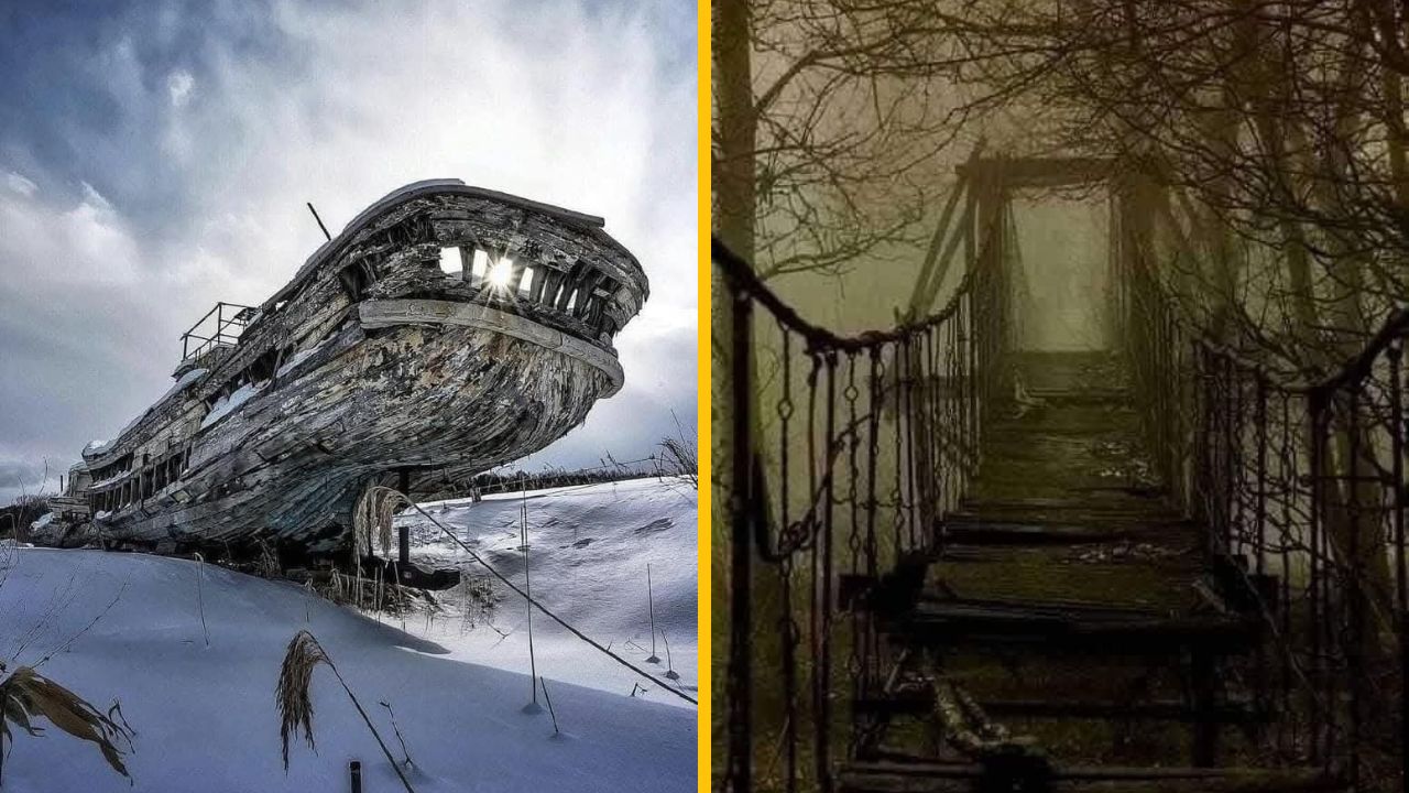 Opustená stará loď na snehu a tajomný zavesený most vedúci do hmlistého lesa.