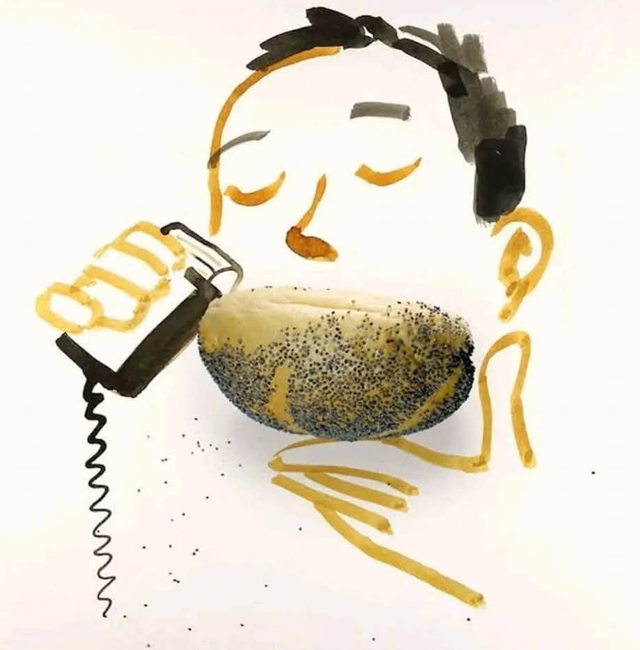 Ilustrácia muža s makovým rožkom ako telefónom, vytvorená z kresby a pečiva.