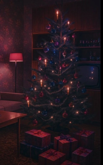 Vianočný stromček so svetielkami a darčekmi v retro obývačke.