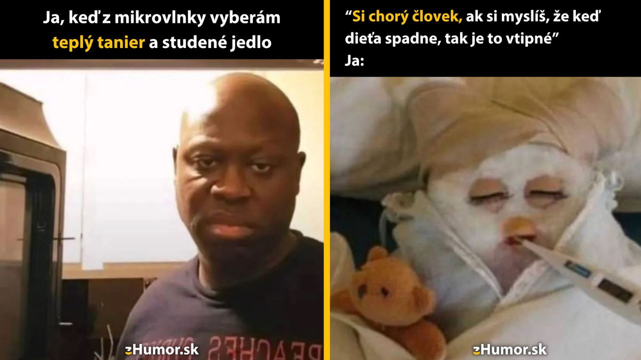 Muž pri mikrovlnke nespokojne pozerá; zabalená osoba v posteli s teplomerom paroduje pocit choroby.