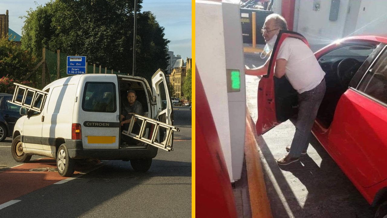 Dodávka s otvorenými zadnými dverami nesie rebrík, muž vystupuje z auta pri čerpacej stanici.