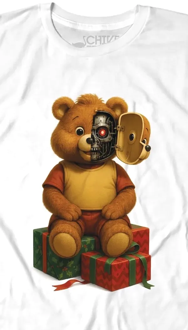 Robotický medvede skrytý medzi darčekmi, s jednou stranou tváre odhalenou.