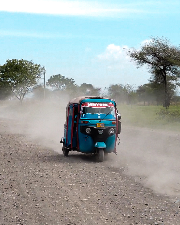 Modrá rikša jazdí po prašnej ceste, obklopená stromami a modrou oblohou.