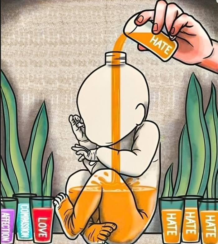 Dieťa vo fľaši, do ktorej tečie tekutina s etiketou nenávisť, symbolizujúca vplyv prostredia na vývoj emócií.