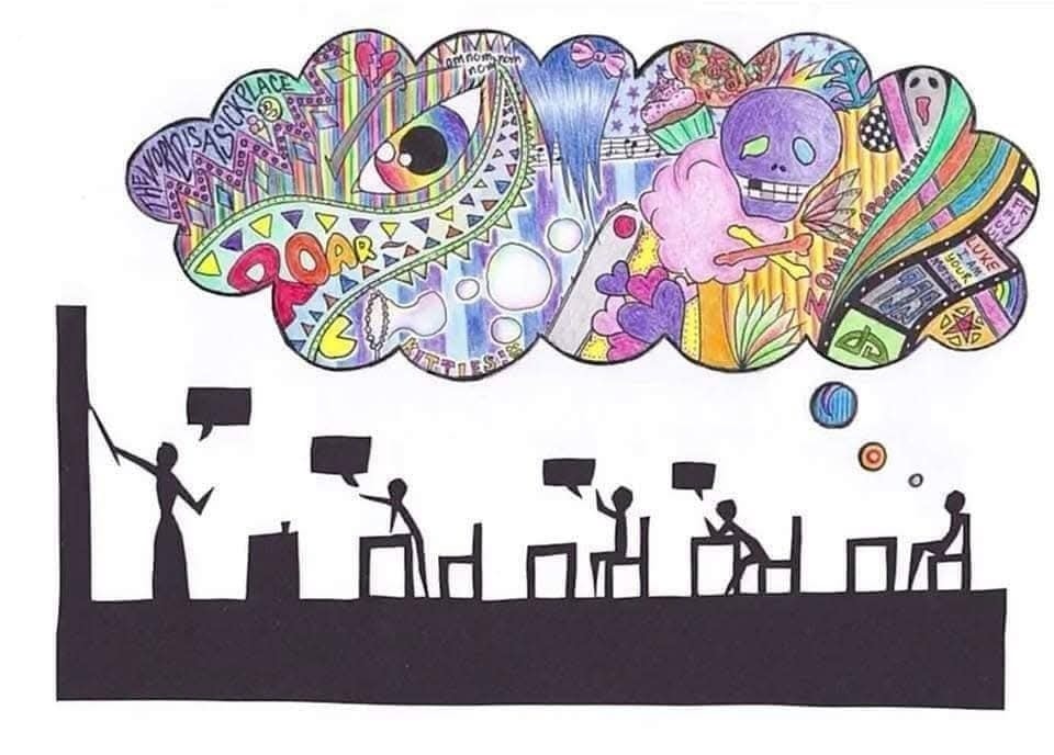 Škola, žiak mimo reality, farebné myslenie, kreatívne sny; učiteľ vysvetľuje, žiak sníva.