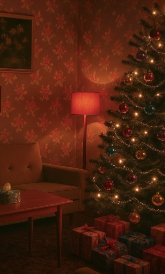 Vianočne ozdobený stromček so svetielkami v útulnej obývačke s pohovkou a darčekmi.