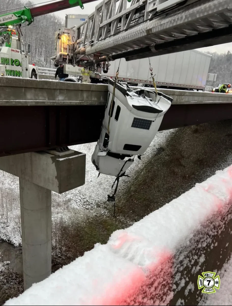 Nákladné auto zavesené na moste po šmyku na zasneženej ceste, ťažká technika zasahuje pri záchrane.