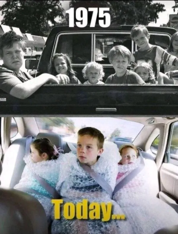 Rok 1975 vs dnes: Zmeny v detskej bezpečnosti v autách, rôzne prístupy k ochrane počas jazdy.